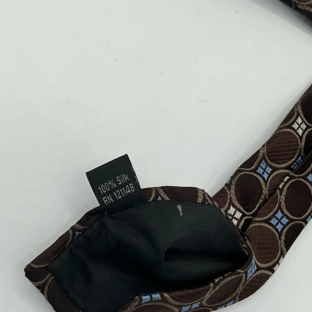 Michael Kors men's 100% silk tie in brown with blue circles and white squares